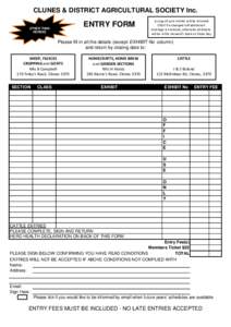 CLUNES & DISTRICT AGRICULTURAL SOCIETY Inc.  ENTRY FORM OTHER THAN HORSES