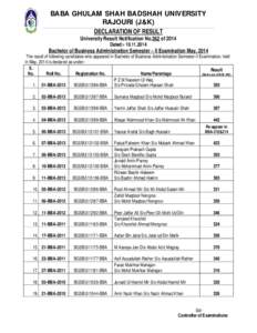 BABA GHULAM SHAH BADSHAH UNIVERSITY RAJOURI (J&K) DECLARATION OF RESULT University Result Notification No.362 of 2014 Dated:- [removed]