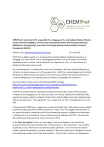 CHEM Trust’s comments to the proposal by Peru, Uruguay and the International Society of Doctors for the Environment (ISDE) to nominate Environmentally Persistent Pharmaceutical Pollutants (EPPPs) as an emerging policy 