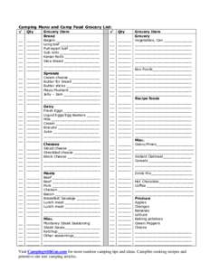 Camping Menu and Camp Food Grocery List: √ Qty  __