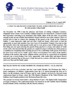 Volume 3, No. 2 -April, 1997 ************************************************************************ A VISIT TO ARLINGTON CEMETERY TO SEE AUDIE‟S RESTING PLACE By club member Lilian Smith On November 16, 1996 I had th