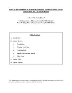 Study on the prohibition of incitement to national, racial or religious hatred: Lessons from the Asia Pacific Region Author: Vitit Muntarbhorn* (with the assistance of Damon Kumtrai/Paisit Pusittrakul/ Poom Moolsilpa/Pul