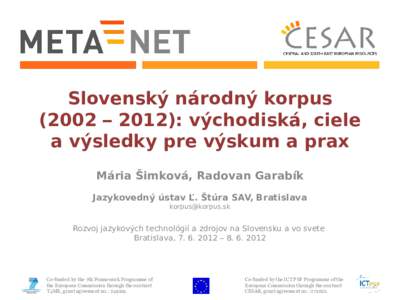 Slovenský národný korpus (2002 – 2012): východiská, ciele a výsledky pre výskum a prax Mária Šimková, Radovan Garabík Jazykovedný ústav Ľ. Štúra SAV, Bratislava 