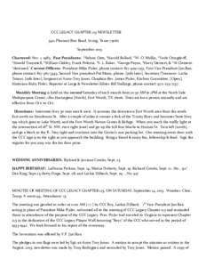 CCC LEGACY CHAPTER 123 NEWSLETTER 3412 Pleasant Run Road, Irving, Texas[removed]September 2013 Chartered: Nov. 1, 1985. Past Presidents: *Nelson Oats, *Harold Ballard, *W. O. Mullin, *Verle Oringderff, *Harold Trammell, *W