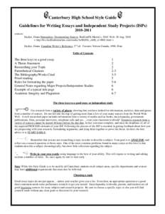 Canterbury High School Style Guide Guidelines for Writing Essays and Independent Study Projects (ISPs[removed]sources: Hacker, Diana Humanities: Documenting Sources. Bedford/St.Martin’s, 2010. Web. 30 Aug. 2010 < ht