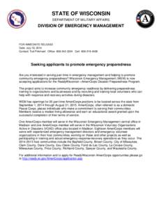 STATE OF WISCONSIN DEPARTMENT OF MILITARY AFFAIRS DIVISION OF EMERGENCY MANAGEMENT  FOR IMMEDIATE RELEASE