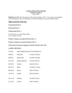 CAMPUS FIRE SAFETY REPORT WESSON CAMPUS Oct. 1, 2011 Definition of a Fire: For the purposes of fire safety reporting, a fire is “Any instance of open flame or other burning in a place not intended to contain the burnin