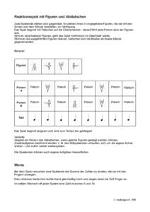 Reaktionsspiel mit Figuren und Abklatschen Zwei Spielende stehen sich gegenüber. Es stehen ihnen 4 vorgegebene Figuren, die sie mit den Armen und dem Körper darstellen, zur Verfügung. Das Spiel beginnt mit Patschen au