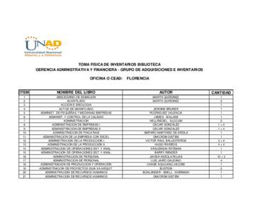 TOMA FISICA DE INVENTARIOS BIBLIOTECA GERENCIA ADMINISTRATIVA Y FINANCIERA - GRUPO DE ADQUISICIONES E INVENTARIOS OFICINA O CEAD: FLORENCIA