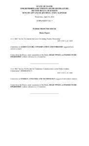 STATE OF MAINE ONE HUNDRED AND TWENTY-SIXTH LEGISLATURE SECOND REGULAR SESSION SENATE ADVANCED JOURNAL AND CALENDAR Wednesday, April 16, 2014 SUPPLEMENT NO. 5
