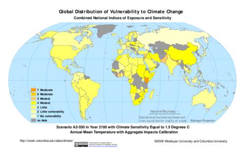 Global Distribution of Vulnerability to Climate Change Combined National Indices of Exposure and Sensitivity 7 Moderate 6 Moderate 5 Modest