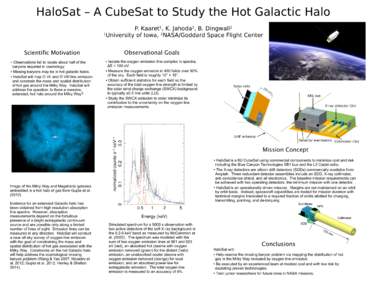 HaloSat – A CubeSat to Study the Hot Galactic Halo P. Kaaret , K. Jahoda , B. Dingwall 1 2 University of Iowa, NASA/Goddard Space Flight Center 1