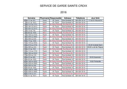 SERVICE DE GARDE SAINTE-CROIX 2016 Semaine