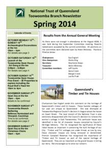 National Trust of Queensland Toowoomba Branch Newsletter Spring 2014 Calendar of Events OCTOBER MONDAY 13TH SUNDAY 19TH