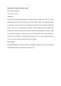 Rejecting Eco-Authoritarianism, Again DAN COBY SHAHAR University of Arizona ABSTRACT Ecologically-motivated authoritarianism flourished initially during the 1970s but largely disappeared after the decline of socialism in