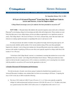 For Immediate Release: Feb. 11, [removed]Years of Advanced Placement® Exam Data Show Significant Gains in Access and Success; Areas for Improvement College Board encourages access for students who have potential to succ