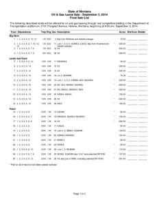 State of Montana Oil & Gas Lease Sale - September 3, 2014 Final Sale List The following described lands will be offered for oil and gas leasing through oral competitive bidding in the Department of Transportation auditor