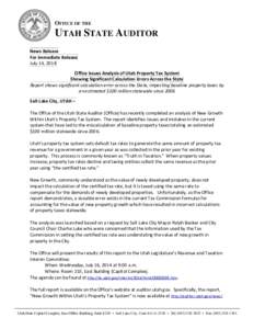 OFFICE OF THE  UTAH STATE AUDITOR News Release For Immediate Release July 14, 2014