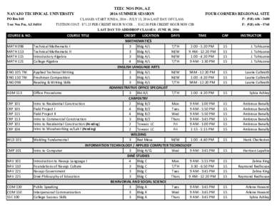 Teec Nos Pos Summer 2016 Course Schedule