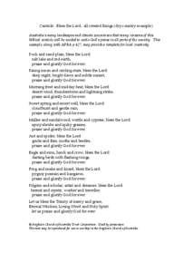 Canticle: Bless the Lord, all created things (dry country example) Australia’s many landscapes and climate zones mean that many versions of this biblical canticle will be needed to evoke God’s praise in all parts of 