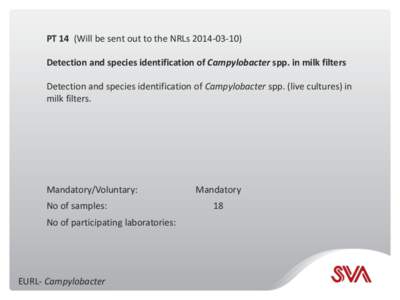 PT 14 (Will be sent out to the NRLsDetection and species identification of Campylobacter spp. in milk filters Detection and species identification of Campylobacter spp. (live cultures) in milk filters.  Mand