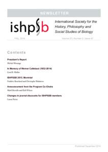NEWSLETTER International Society for the History, Philosophy and Social Studies of Biology FALL 2014