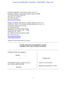 Case 2:14-cv[removed]BCW Document 2 Filed[removed]Page 1 of 8  DAVID B. BARLOW, United States Attorney (#[removed]DANIEL D. PRICE, Assistant United States Attorney (#[removed]South State Street, Suite 300 Salt Lake City, U