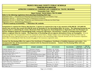 PRINCE WILLIAM COUNTY PUBLIC SCHOOLS CHARTER BUS SERVICES APPROVED COMMERCIAL CARRIERS AND COMMERCIAL TRAVEL BROKERS Commodity Code: 96217 Buyer Contact: Karen Sobers, [removed]Refer to the following regulations when