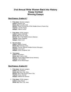 31st Annual Write Women Back Into History Essay Contest Winning Essays Best Essays, GradesFirst place: General category Author: Kassidi Long