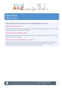 Narration Telling a story The writer tells the story from one of the following points of view: First person narration (I) Writer recounts events from the perspective of a particular character, allowing the writer to ’g