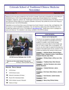 Colorado School of Traditional Chinese Medicine Newsletter Volume 2, Issue 76 September 2014