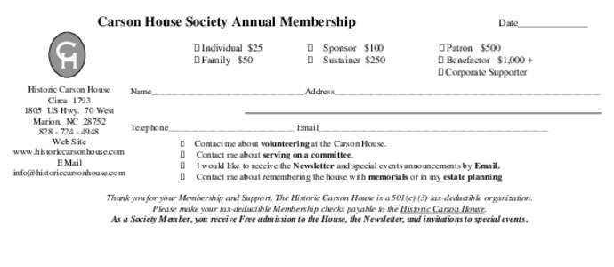 Carson House Society Annual Membership  C H   Individual $25