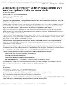 [removed]Lax regulation of industry, under‑pricing jeopardize BC’s water and hydroelectricity resources: study | … Print this page 