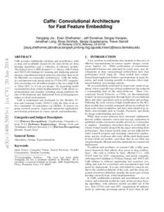 Caffe: Convolutional Architecture for Fast Feature Embedding∗ Yangqing Jia∗ , Evan Shelhamer∗ , Jeff Donahue, Sergey Karayev, Jonathan Long, Ross Girshick, Sergio Guadarrama, Trevor Darrell UC Berkeley EECS, Berkel