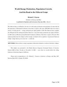 World Energy Production, Population Growth, And the Road to the Olduvai Gorge Richard C. Duncan