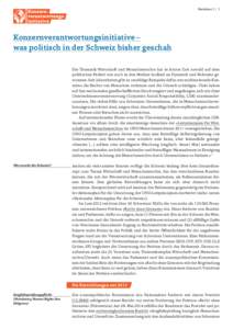 Factsheet I  | 1  Konzernverantwortungsinitiative – was politisch in der Schweiz bisher geschah Die Thematik Wirtschaft und Menschenrechte hat in letzter Zeit sowohl auf dem politischen Parkett wie auch in den Me