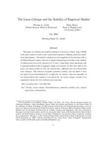 The Lucas Critique and the Stability of Empirical Models∗ Thomas A. Lubik Federal Reserve Bank of Richmond Paolo Surico Bank of England and