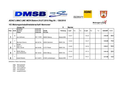 ADAC LMAC LMC MCN SlalomReg.Nr.: VG Motorsportstadtmeisterschaft Hannover 5 Klasse G5 Platz