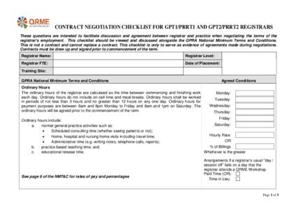 CONTRACT NEGOTIATION CHECKLIST FOR GPT1/PRRT1 AND GPT2/PRRT2 REGISTRARS These questions are intended to facilitate discussion and agreement between registrar and practice when negotiating the terms of the registrar’s e