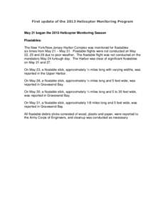 First update of the 2013 Helicopter Monitoring Program  May 21 began the 2013 Helicopter Monitoring Season Floatables: The New York/New Jersey Harbor Complex was monitored for floatables six times from May 21 – May 31.