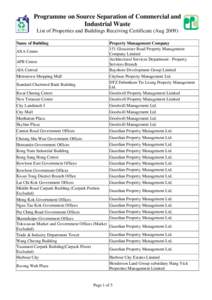 Programme on Source Separation of Commercial and Industrial Waste List of Properties and Buildings Receiving Certificate (Aug[removed]Name of Building  Property Management Company