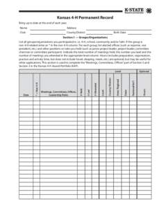 Kansas 4-H Permanent Record Bring up to date at the end of each year. Name Club  Address