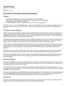 October 17, 2013  Syntel Reports Third Quarter 2013 Financial Results