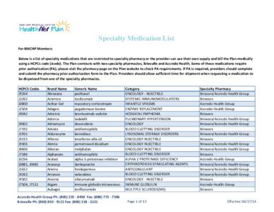 Specialty Medication List For BMCHP Members Below is a list of specialty medications that are restricted to specialty pharmacy or the provider can use their own supply and bill the Plan medically using a HCPCs code (Jcod