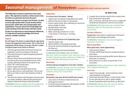 Seasonal management of Honeybees The following is based on experience over many years. This experience teaches us that seasons vary, but there is a general trend over the years. Beekeeping is based on respect for the bee