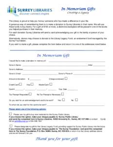 In Memoriam Gifts Creating a Legacy The Library is proud to help you honour someone who has made a difference in your life. A generous way of remembering them is to make a donation to Surrey Libraries in their name. We w