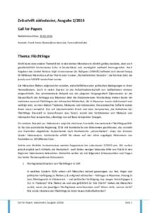 Zeitschrift südostasien, AusgabeCall for Papers Redaktionsschluss: Kontakt: Frank Arenz (, )  Thema: Flüchtlinge