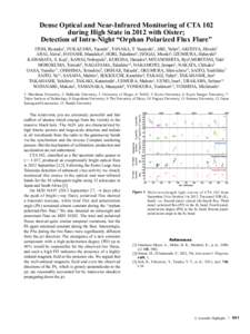 Dense Optical and Near-Infrared Monitoring of CTA 102 during High State in 2012 with Oister; Detection of Intra-Night “Orphan Polarized Flux Flare” ITOH, Ryosuke1, FUKAZAWA, Yasushi1, TANAKA, T. Yasuyuki1, ABE, Yuhei