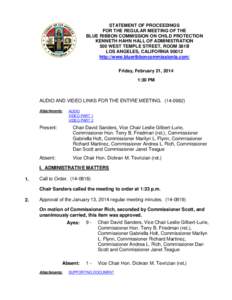 STATEMENT OF PROCEEDINGS FOR THE REGULAR MEETING OF THE BLUE RIBBON COMMISSION ON CHILD PROTECTION KENNETH HAHN HALL OF ADMINISTRATION 500 WEST TEMPLE STREET, ROOM 381B LOS ANGELES, CALIFORNIA 90012