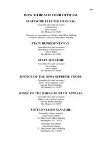 495  HOW TO REACH YOUR OFFICIAL STATEWIDE ELECTED OFFICIAL: Honorable (first and last name) (official title)